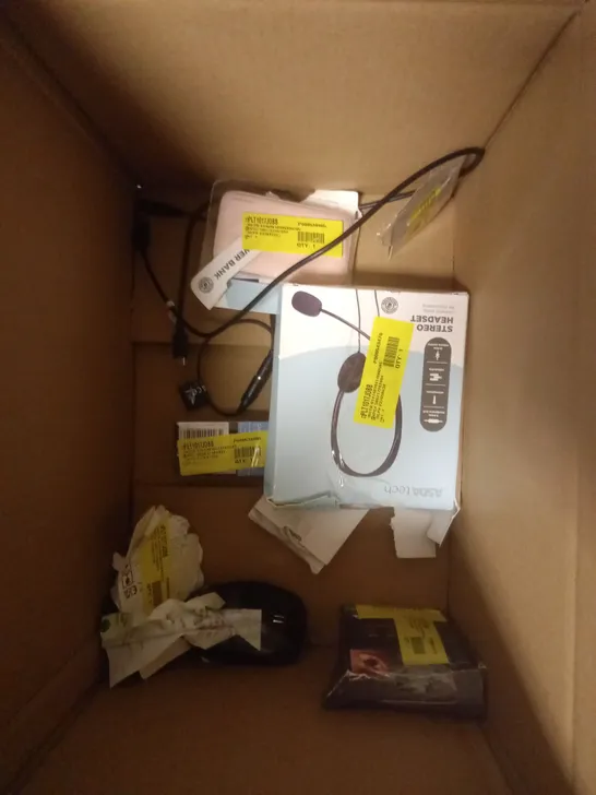 BOX OF APPROXIMATELY 10 ASSORTED ELECTRICAL PRODUCTS TO INCLUDE DVD PLAYER, WIRELESS MOUSE, UNIVERSAL WINDSHIELD MOUNT ETC 