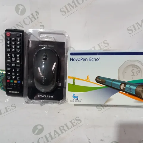 LOT OF APPROXIMATELY 10 ASSORTED HOUSEHOLD ITEMS TO INCLUDE NOVOPEN ECHO, WIRELESS MOUSE, SAMSUNG REMOTE, ETC