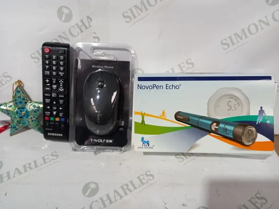 LOT OF APPROXIMATELY 10 ASSORTED HOUSEHOLD ITEMS TO INCLUDE NOVOPEN ECHO, WIRELESS MOUSE, SAMSUNG REMOTE, ETC