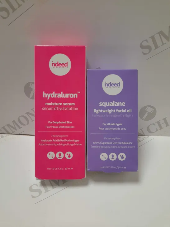 LOT OF 2 INDEED PRODUCTS TO INCLUDE HYDRALURON MOISTURE SERUM 30ML & SQUALANE LIGHTWEIGHT FACIAL OIL 30ML