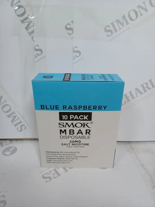 BOX OF APPROXIMATELY 10 BOXES OF BLUE RASPBERRY 10 PACK SMOK M BAR DISPOSABLE 20MG SALT NICOTINE