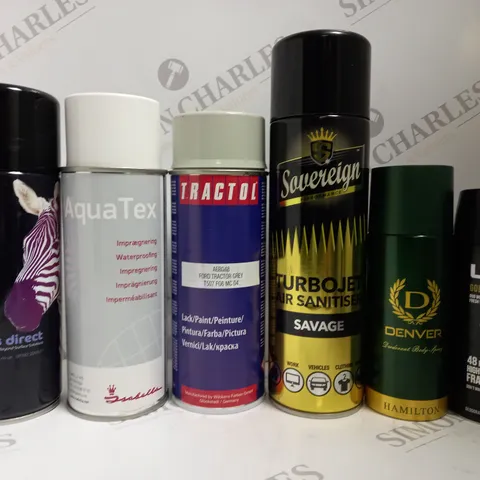 BOX OF APPROX 12 ASSORTED AEROSOLS TO INCLUDE TURBOJET AIR SANITISER SAVAGE SPRAY, LYNX BODY SPRAY, DENVER BODY SPRAY, ETC 