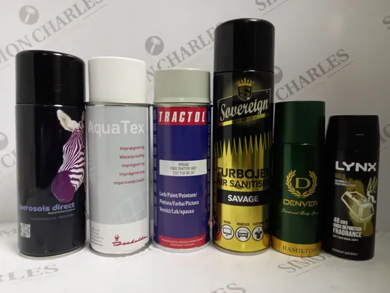 BOX OF APPROX 12 ASSORTED AEROSOLS TO INCLUDE TURBOJET AIR SANITISER SAVAGE SPRAY, LYNX BODY SPRAY, DENVER BODY SPRAY, ETC 