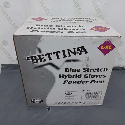 BOXED AND SEALED 2000 BETTINA BLUE STRETCH HYBRID POWDER FREE GLOVES (L-XL)