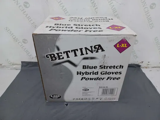 BOXED AND SEALED 2000 BETTINA BLUE STRETCH HYBRID POWDER FREE GLOVES (L-XL)