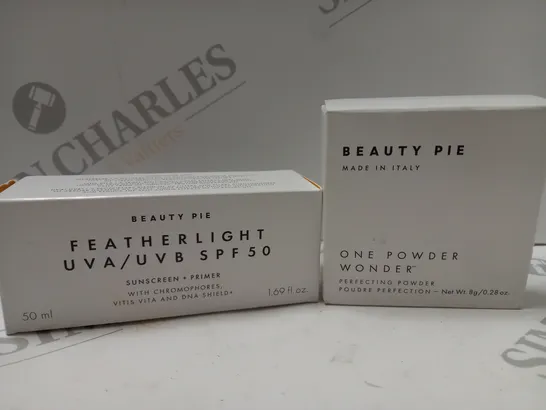 BOX OF 2 BEAUTY PIE PRODUCTS TO INCLUDE FEATHERLIGHT UVA/UVB SPF50 SUNSCREEN/PRIMER 50ML & ONE POWDER WONDER PERFECTING POWDER 