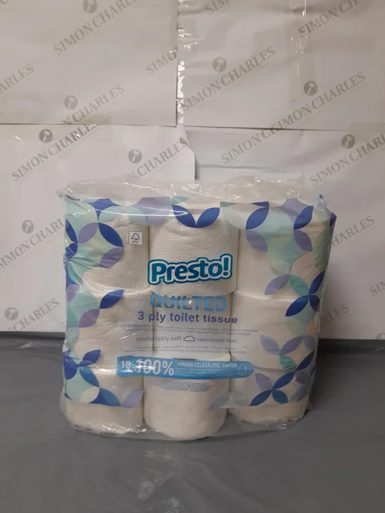 PRESTO 18 ROLLS OF 3 PLY QUILTED TOILET TISSUE