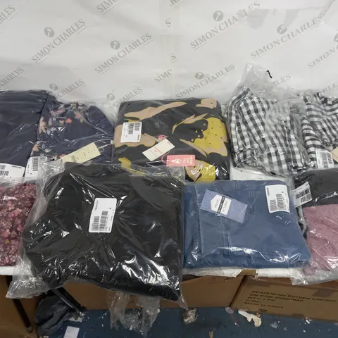 LARGE BOX OF ASSORTED CLOTHING ITEMS TOO INCLUDE TOPS , TROUSERS AND JUMPERS COMING IN DIFFERENT COLOURS AND SIZES 