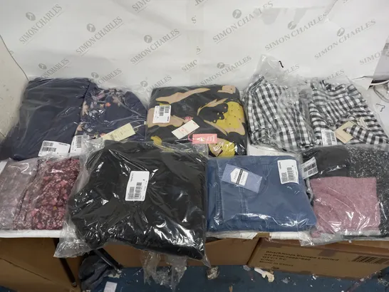 LARGE BOX OF ASSORTED CLOTHING ITEMS TOO INCLUDE TOPS , TROUSERS AND JUMPERS COMING IN DIFFERENT COLOURS AND SIZES 