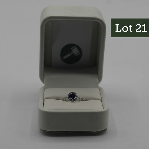DESIGNER 9ct WHITE GOLD TANZANITE & DIAMOND HALO RING, WEIGHING +-0.73ct