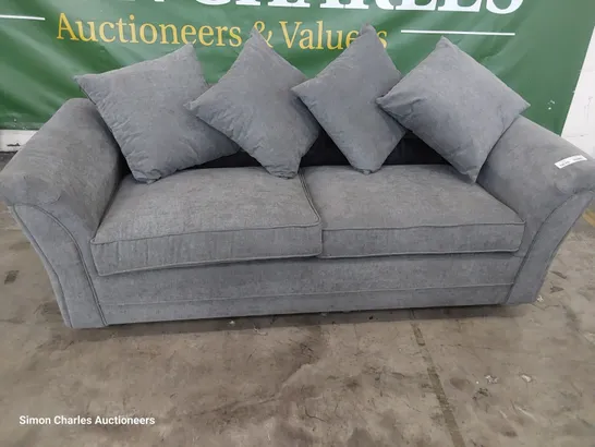 DESIGNER THREE SEATER SOFA GREY FABRIC WITH SCATTER CUSHIONS 