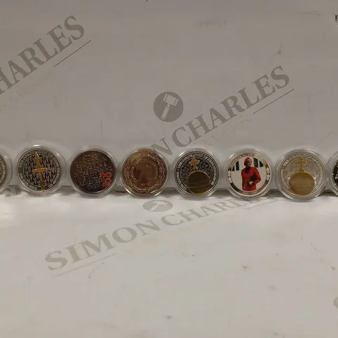 LOT TO CONTAIN APPROX. 8 X ASSORTED COMMEMORATIVE COINS/MEDALS. DESIGNS VARY