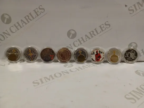 LOT TO CONTAIN APPROX. 8 X ASSORTED COMMEMORATIVE COINS/MEDALS. DESIGNS VARY