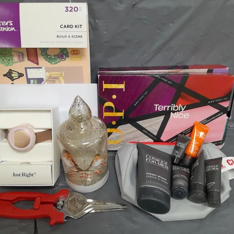 BOX OF APPROX 10 HOUSEHOLD ITEMS TO INCLUDE CLINIQUE FOR MEN ESSENTIALS KIT, OPI NAIL VARNISH ADVENT CALENDER, CRAFTERS COMPANION BUILD A SCENE CARD KIT ETC