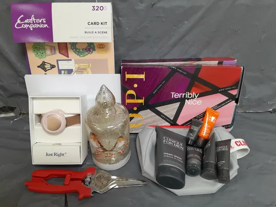 BOX OF APPROX 10 HOUSEHOLD ITEMS TO INCLUDE CLINIQUE FOR MEN ESSENTIALS KIT, OPI NAIL VARNISH ADVENT CALENDER, CRAFTERS COMPANION BUILD A SCENE CARD KIT ETC