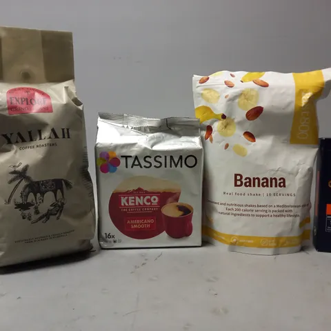 TOTE OF APPROX 9 ASSORTED FOOD ITEMS TO INCLUDE - CAFEPOD COFFEE SUPERCHARGER ESPRESSO , TASSIMO KENCO AMERICANO SMOOTH ,  EXPLORE GRIND BEANS ETC