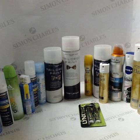LOT OF ASSORTED ITEMS TO INCLUDE; DEODERANT. HAIRSPRAY, CLEAR LACQUER ETC