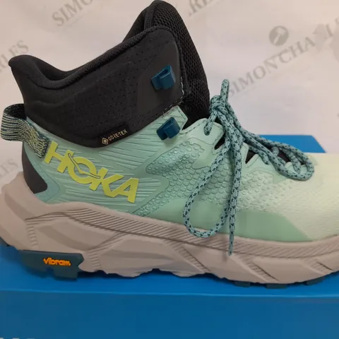 BOXED PAIR OF HOKA WOMENS TRAIL CODE GORE-TEX BOOTS IN LIGHT BLUE/GREEN/GREY - UK 9.5