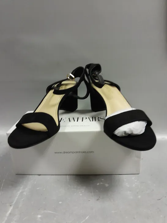 BOXED PAIR OF DREAM PARIS CARNIVAL BLACK SUEDE OPEN TOE SHOES - 9.5