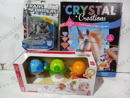 BOX OF APPROXIMATELY 15 ASSORTED TOYS AND GAMES TO INCLUDE CRYSTAL CREATIONS, STAY-PUT RATTLE SET, TRANSFORMERS PRIME MEGATRON FIGURE, ETC