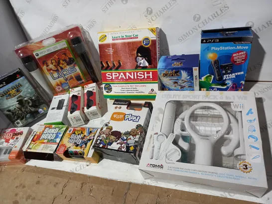 13 ASSORTED ITEMS TO INCLUDE: PS3 PLAYSTATION MOVE, WII UTILITY SPORT PACK, PLAYSTATION 2 EYE TOY PLAY, 3D GLASSES ETC 