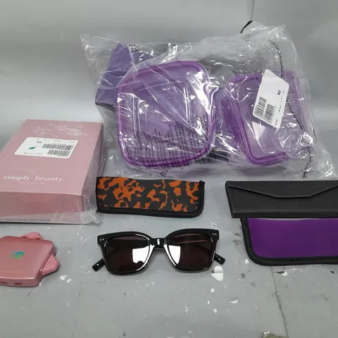 BOX OF APPROXIMATELY 10 ASSORTED ITEMS TO INCLUDE SUNGLASSES, SIMPLY BEAUTY KIT, CHARGING PORT ETC 