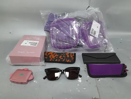 BOX OF APPROXIMATELY 10 ASSORTED ITEMS TO INCLUDE SUNGLASSES, SIMPLY BEAUTY KIT, CHARGING PORT ETC 