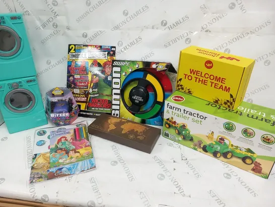 LARGE QUANTITY OF ASSORTED TOYS AND ACCESSORIES TO INCLUDE; SIMON SWIPE, FARM TRACTOR AND TRAILER SET, JUNIOR HORNETS WELCOME PACK AND HORRIBLE HISTORIES MAGAZINE