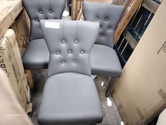 DESIGNER GREY FAUX LEATHER CHAIRS WITH BUTTONED BACKS ON WOODEN LEGS