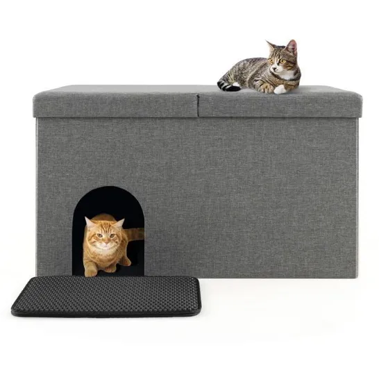 BOXED COSTWAY CAT LITTER BOX ENCLOSURE HIDDEN FURNITURE CAT WASHROOM SHOE STORAGE BENCH - GREY