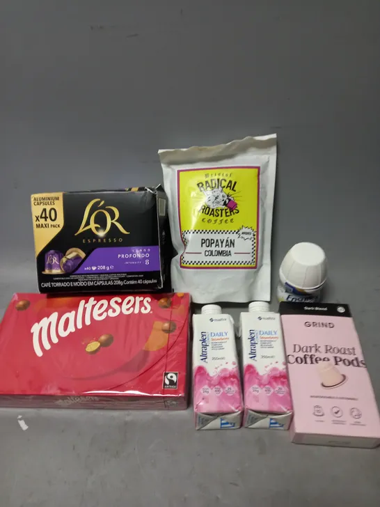 APPROXIMATELY 10 ASSORTED FOOD/DRINK PRODUCTS TO INCLUDE L'OR COFFEE, GRIND COFFEE PODS, ALTRAPLEN DAILY ETC - COLLECTION ONLY 