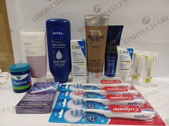 BOX OF APPROX 10 ASSORTED BEAUTY PRODUCTS TO INCLUDE NIVEA BODY MILK, COLGATE TOOTHBRUSH, CERA VE MOISTURISING LOTION, ETC 