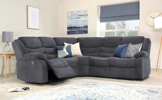 BOXED DESIGNER SORRENTO PLUSH SLATE GREY FABRIC RECLINING CORNER SOFA (3 BOXES)