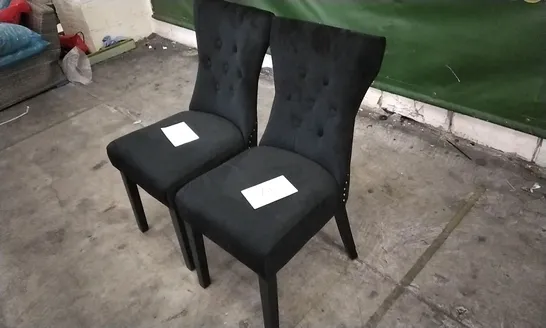 PAIR OF KENSINGTON BLACK VELVET BUTTON BACK DINING CHAIRS WITH BLACK LEGS