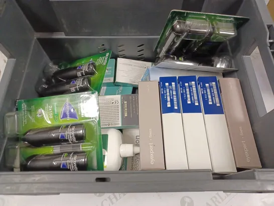 BOX TO CONTAIN APPROX. 25 ASSORTED VISION CARE PRODUCTS & SMOKING PREVENTION PRODUCTS. INCLUDES CONTACT LENSES & CLEANING SOLUTION, NICORETTE SPRAY ETC. 