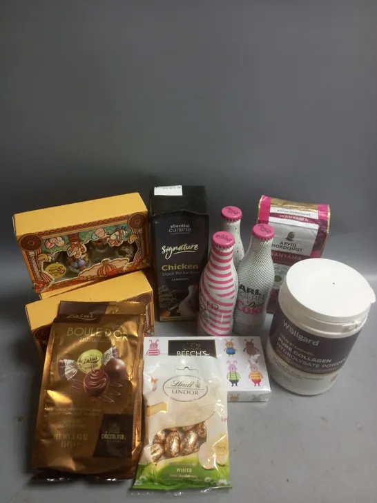 BOX OF APPROX 10 ASSORTED FOOD ITEMS TO INCLUDE - KARL LAGERFIELD DIET COKE - LINDT WHITE CHOCOLATE EGGS - WELLGARD COLLAGEN POWDER ETC