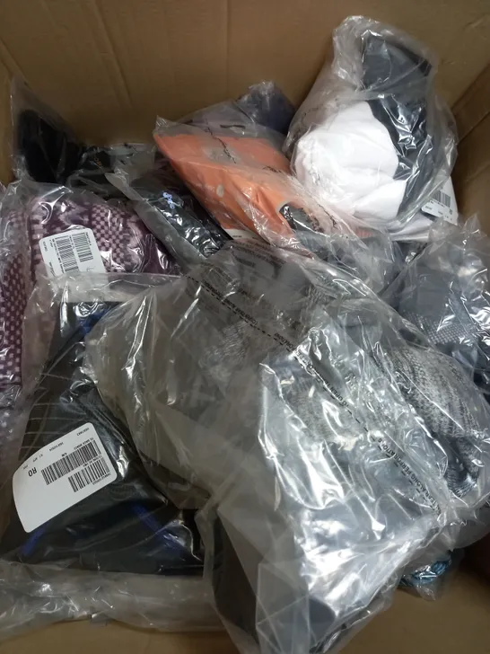 LARGE BOX OF APPROXIMATELY 35 CLOTHING ITEMS ALL IN DIFFRENT COLOURS AND SIZES 