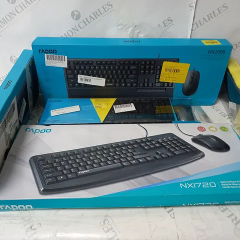 APPROXIMATELY 5 ASSORTED RAPOO PERIPHERAL PRODUCTS TO INCLUDE NX200 WIRELESS MOUSE AND KEYBORAD COMBO, K2600 KEYBOARD, 9300M WIRELESS AND MOUSE COMBO, ETC