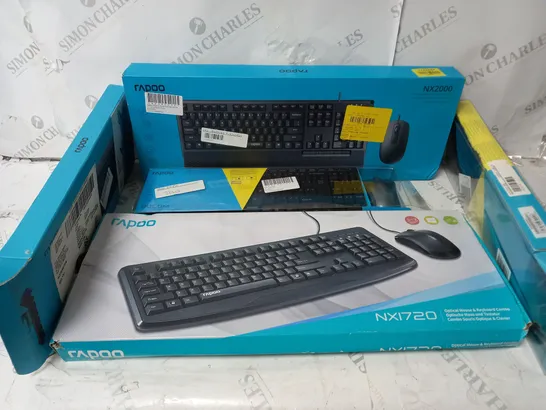 APPROXIMATELY 5 ASSORTED RAPOO PERIPHERAL PRODUCTS TO INCLUDE NX200 WIRELESS MOUSE AND KEYBORAD COMBO, K2600 KEYBOARD, 9300M WIRELESS AND MOUSE COMBO, ETC