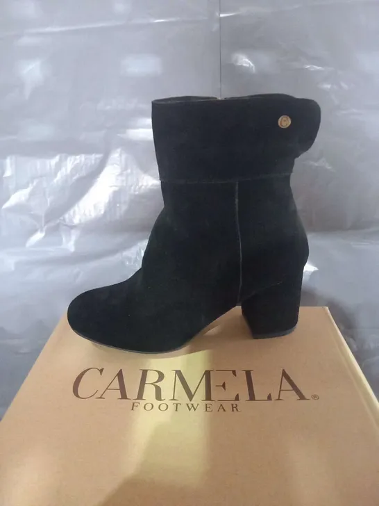 BOXED CARMELA GRACE BLACK SUEDE ANKLE BOOTS SIZE 36