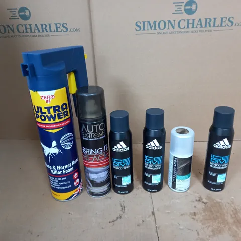 APPROXIMATELY 10 ASSORTED AEROSOLS TO INCLUDE WASP & HORNET KILLER FOAM, ADIDAS ICE DRIVE, AND BRING IT BLACK ETC.