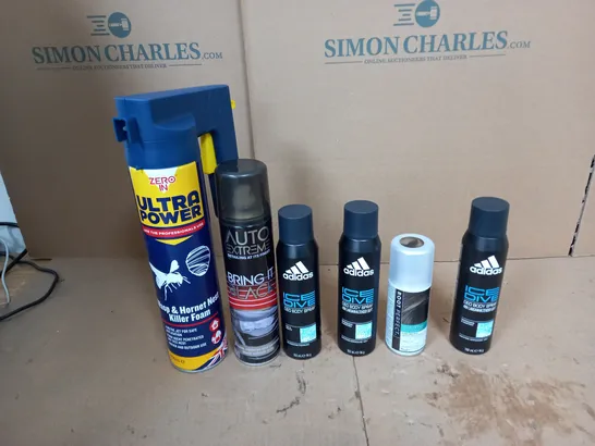 APPROXIMATELY 10 ASSORTED AEROSOLS TO INCLUDE WASP & HORNET KILLER FOAM, ADIDAS ICE DRIVE, AND BRING IT BLACK ETC.