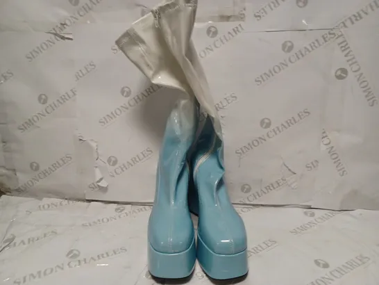 PAIR OF KOI DESIGNER VEGAN BUBBLEGUM BURST HEELED LONG BOOTS IN BLUE/WHITE - SIZE 6