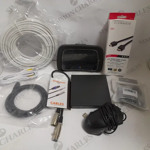 BOX OF APPROXIMATELY 20 ASSORTED ELECTRICAL ITEMS TO INCLUDE WIRED MOUSE, BT HUB, A/V CABLES ETC