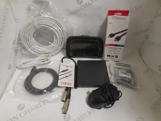 BOX OF APPROXIMATELY 20 ASSORTED ELECTRICAL ITEMS TO INCLUDE WIRED MOUSE, BT HUB, A/V CABLES ETC