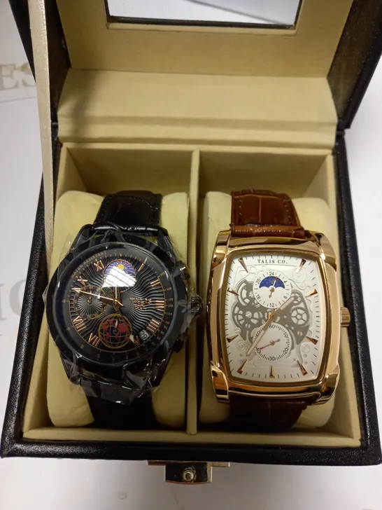 LOT OF 2 TALIS & CO. WATCHES TO INCLUDE TRIPLE DIAL BLACK LEATHER STRAP WATCH & BROWN CROC LEATHER STRAP WATCH 