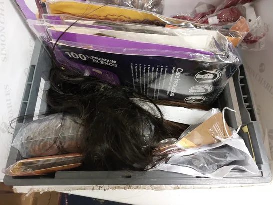 BOX OF APPROX 10 ITEMS TO INCLUDE ASSORTED HAIR EXTENSION AND CLIPS IN VARIOUS COLOURS AND STYLES