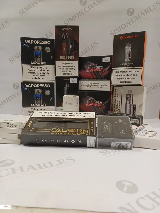 Approximately 20 assorted vaping products and accessories to include VAPORESSO LUXE XR VAPE KIT, GEEKVAPE B100 KIT, INNOKIN ENDURA T18E VAPING SYSTEM, CALIBURN G2 POD SYSTEM, ETC.