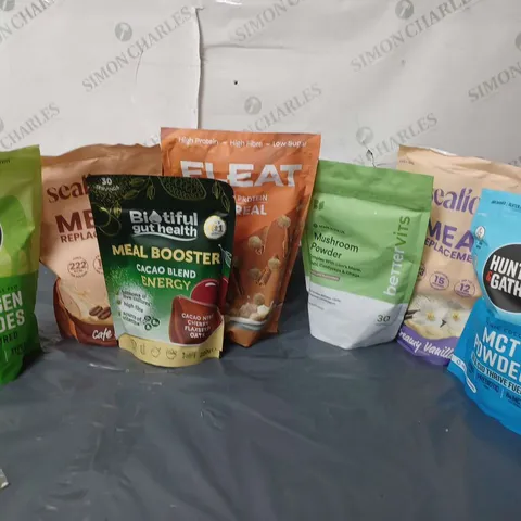 APPROXIMATELY 7 ASSORTED SUPPLEMENST AND FOODS TO INCLUDE HUNTER & GATHER MCT POWDER (250g), SEALIONS MEAL REPLACEMENT CREAMY VANILLA (450g), ELEAT HIGH PROTEIN CEREAL CINNAMON SENSATION (250g), ETC