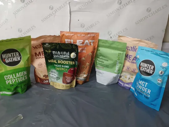 APPROXIMATELY 7 ASSORTED SUPPLEMENST AND FOODS TO INCLUDE HUNTER & GATHER MCT POWDER (250g), SEALIONS MEAL REPLACEMENT CREAMY VANILLA (450g), ELEAT HIGH PROTEIN CEREAL CINNAMON SENSATION (250g), ETC